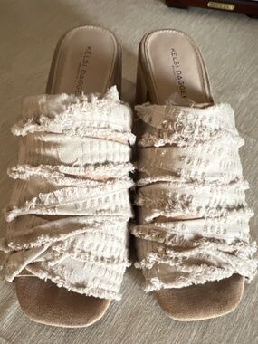 Kelsi Dagger Layered Fringe Beige Fabric Block Heel Open Toe Mule